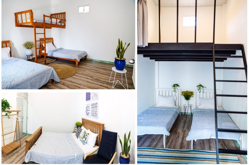 Phòng ngủ tại Peaceful được thiết kế với gam màu xanh biển nhẹ nhàng